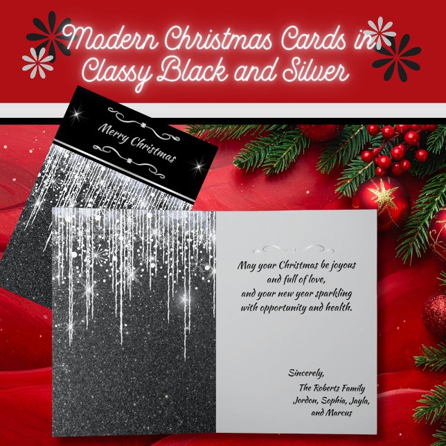 Carte Note élégante avec écriture scintillante noire et  (Elegant 5" x 7" sparkly silver and black Christmas cards with personalized greeting and message)