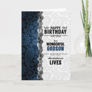Carte Notre Godson's Birthday Blue Paisley avec boutons