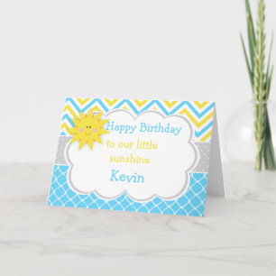Carte Notre petit Anniversaire bleu et jaune soleil