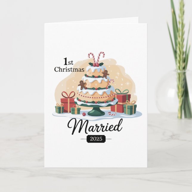 Carte Notre Premier Noël de Mariés 2025 | Gâteau de Fête (Devant)