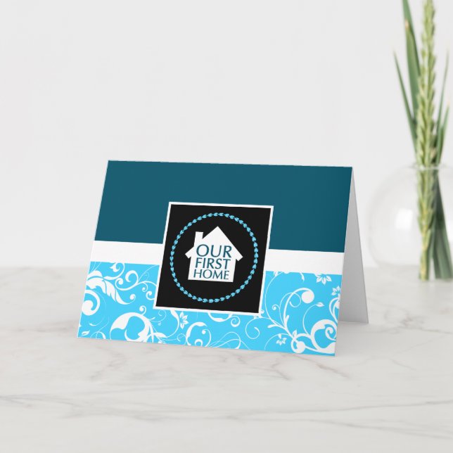 Carte notre première maison (damas bleu) (Devant)