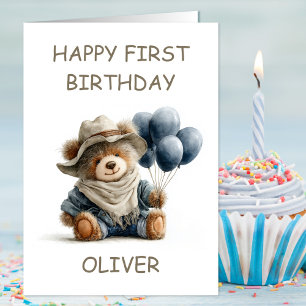 Carte Noun ours en peluche avec ballons pour 1er anniver