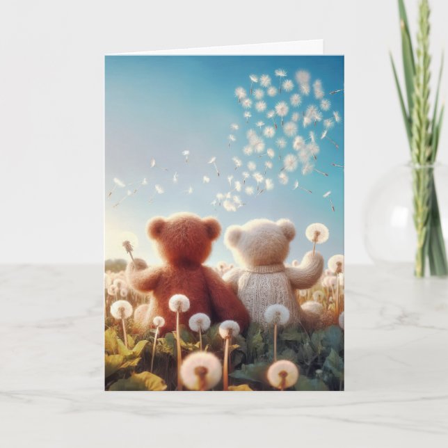 Carte Nounours d'anniversaire dans un champ de Dandelion (Devant)