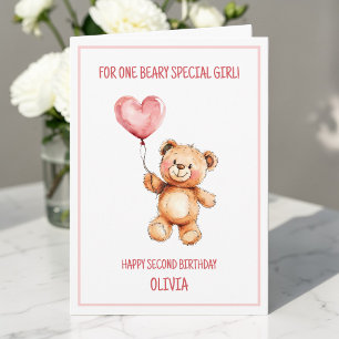 Carte Nounours en peluche Ballon rose mignon Joyeux 2ème