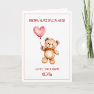 Carte Nounours en peluche Ballon rose mignon Joyeux 2ème