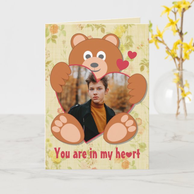 Carte Nounours Mignon Coeur Photo Saint Valentin Amour (Fleur jaune)