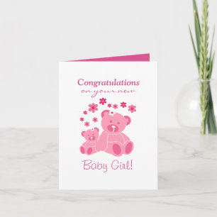 Carte Nounours rose mignon Bébé Félicitations Filles
