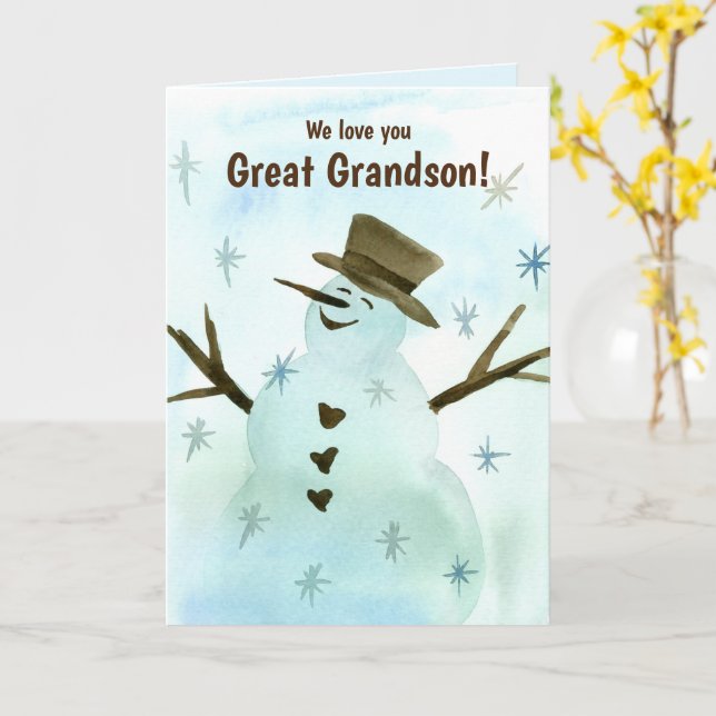 Carte Nous Vous Aimons Grand Petit-Fils Noël Snowman (Fleur jaune)