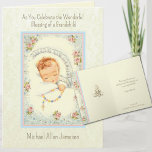 Carte Nouveau bébé catholique grand-parents<br><div class="desc">Dans une illustration vintage, un charmant bébé tient un chapelet, dégageant une aura de douceur et de bénédictions intemporelles... adapté à une fille ou à un garçon. Cette belle représentation signifie l'arrivée d'une nouvelle vie au sein de la famille, bénie par Dieu. À l'intérieur, Marie est un joli symbole au...</div>