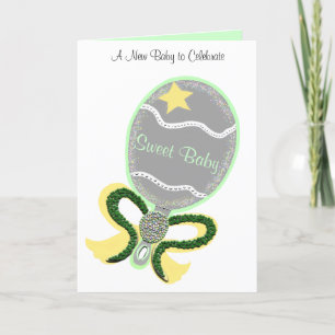 Carte Nouveau bébé Félicitations Green Yellow Rattle