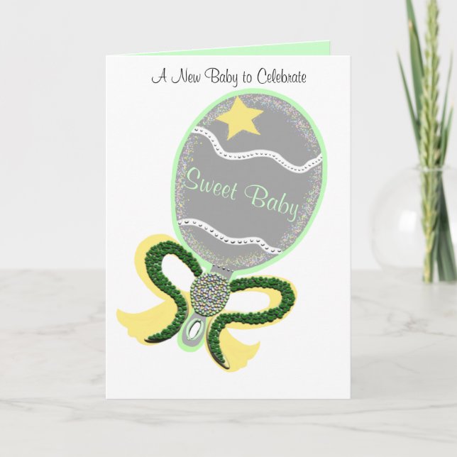 Carte Nouveau bébé Félicitations Green Yellow Rattle (Devant)