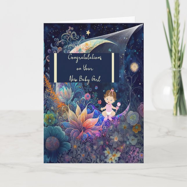 Carte Nouveau bébé fille avec lune et étoiles (Devant)