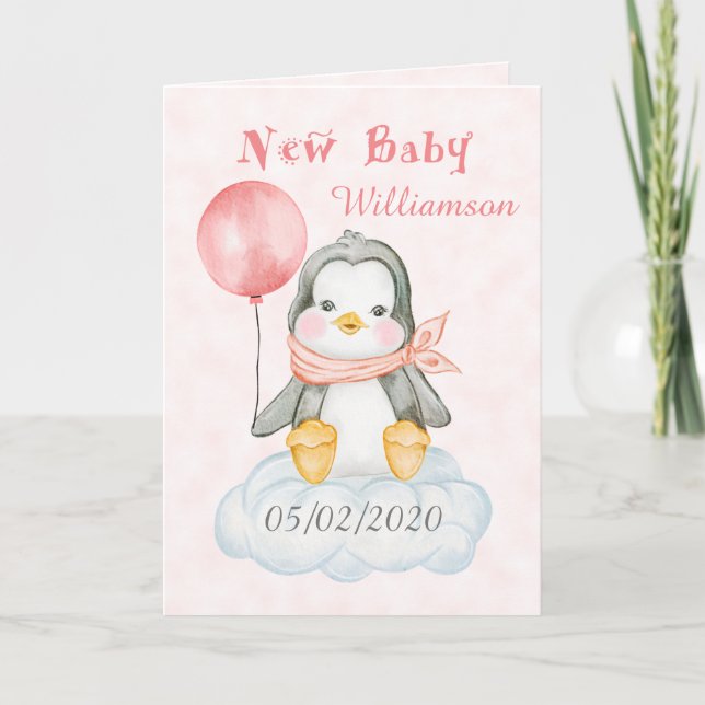 Carte Nouveau bébé fille Penguin Personnalisé (Devant)