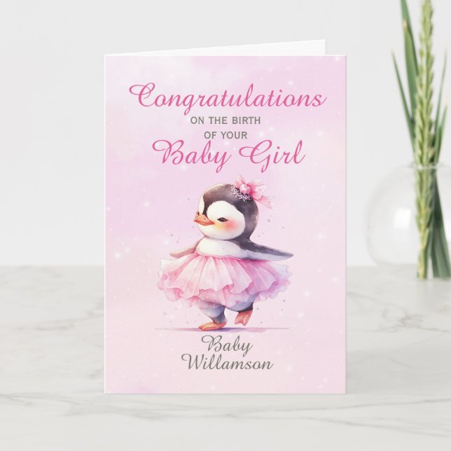 Carte Nouveau bébé fille Pink Penguin Ballerina (Devant)