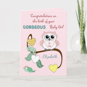 Carte Nouveau bébé fille rose avec une chouette mignonne