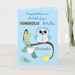 Carte Nouveau bébé garçon bleu avec un hibou mignon