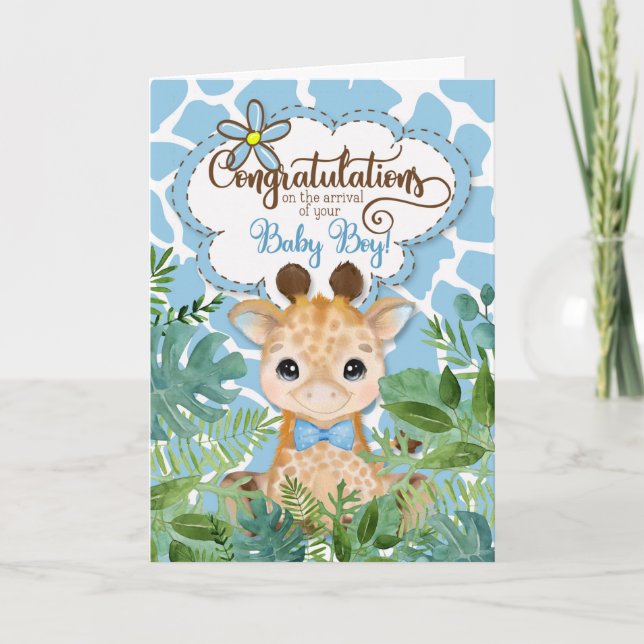 Carte Nouveau bébé garçon bleu Giraffe Jungle Félicitati (Devant)