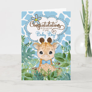 Carte Nouveau bébé garçon bleu Giraffe Jungle Félicitati