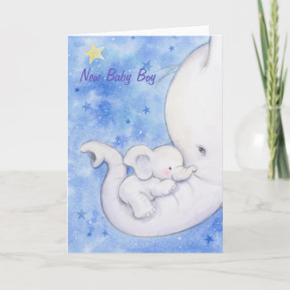 Carte Nouveau bébé garçon, mignonne mère éléphant tenant