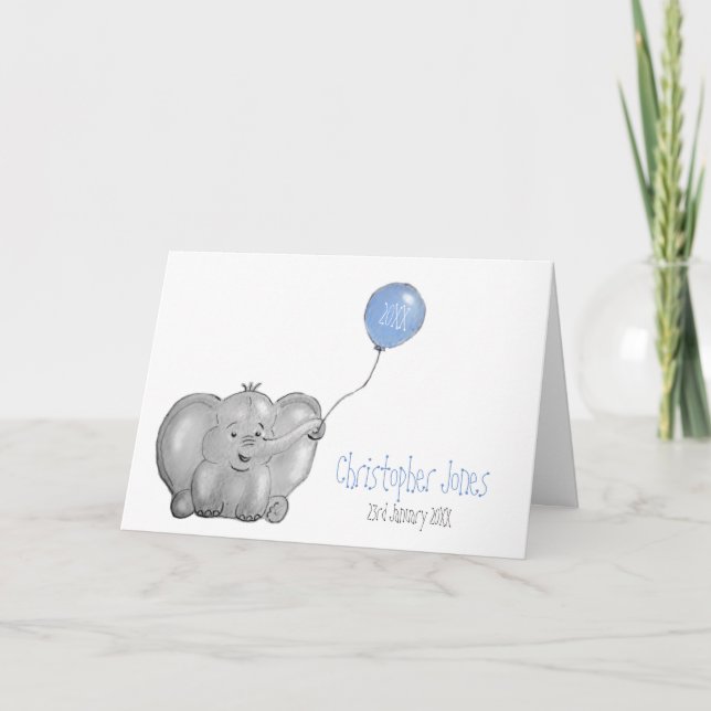 Carte Nouveau bébé garçon personnalisé éléphant bleu bal (Devant)