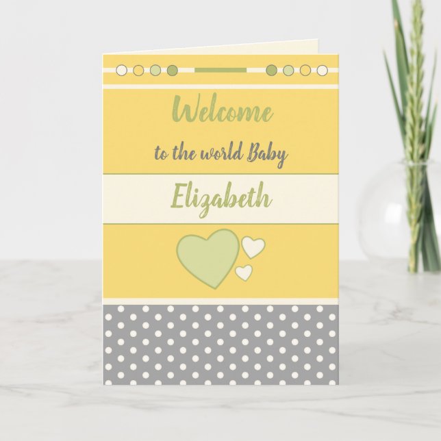 Carte Nouveau bébé jaune vert gris avec nom bienvenue (Devant)