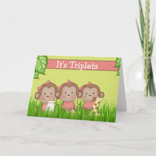 Carte Nouveau bébé triplet filles mignonne singe