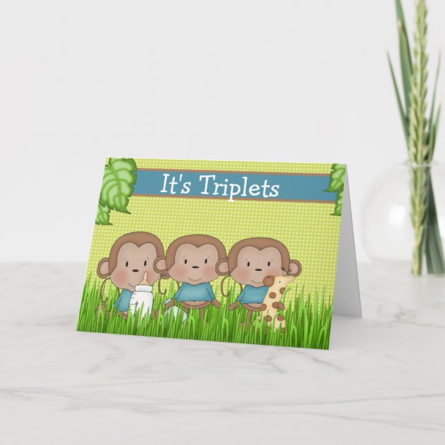 Carte Nouveau bébé triplet garçons mignons singe (Devant)