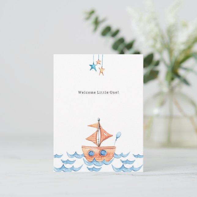 Carte Nouveau-Né Bateau Mignon et Océan (Debout devant)