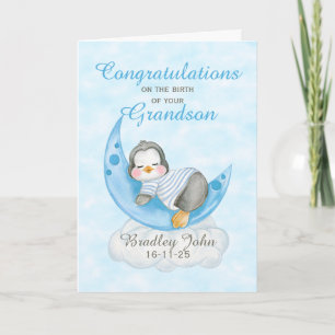 Carte Nouveau Petit-Fils Pingouin Lune Bleue