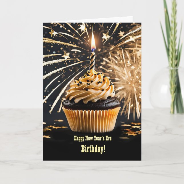 Carte Nouvel An Anniversaire avec Cupcake Fireworks Star (Devant)