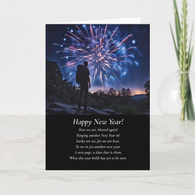 Carte Nouvel An avec Backpacker et Fireworks Inspirer (Devant)