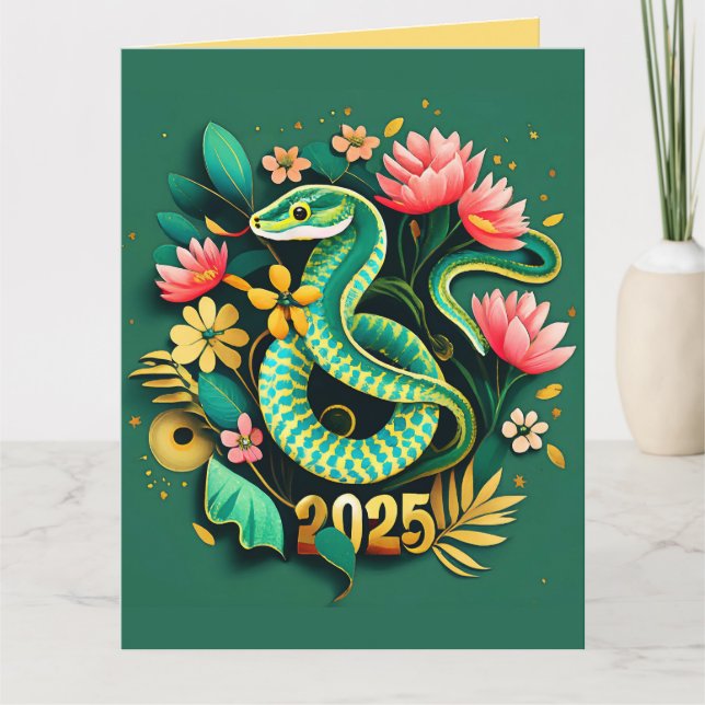 Carte Nouvel An chinois du serpent à bois 2025 pour femm (Devant)