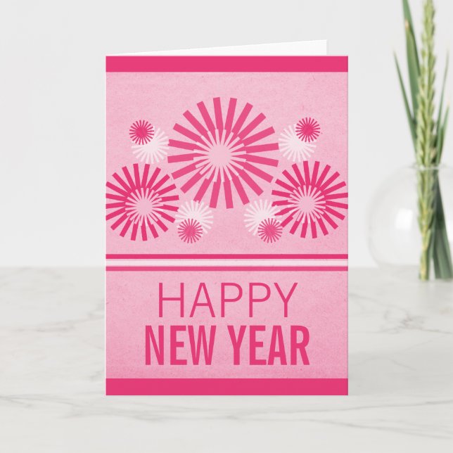 Carte Nouvel An Feux d'Artifice Funky, Rose (Devant)