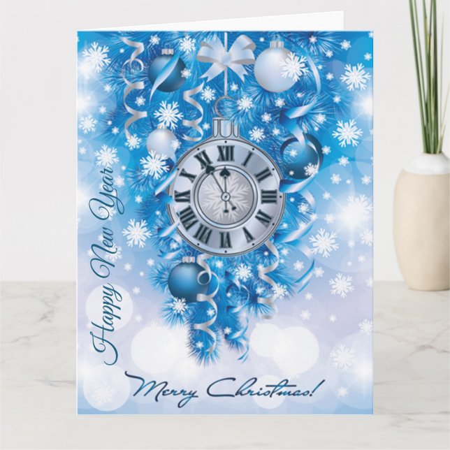 Carte Nouvel An Horloge Bleue en Blanc Joyeux Noël (Devant)
