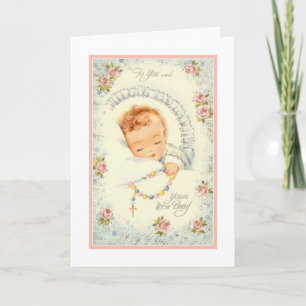 Carte Nouvelle Bébé Fille Roses Roses Chapelet Catholiqu