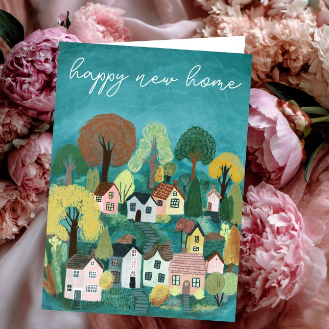 Carte NOUVELLE MAISON HEUREUSE Illustration de village c (HAPPY NEW HOME Congratulations Moving Cute Country Village Illustration Card
)