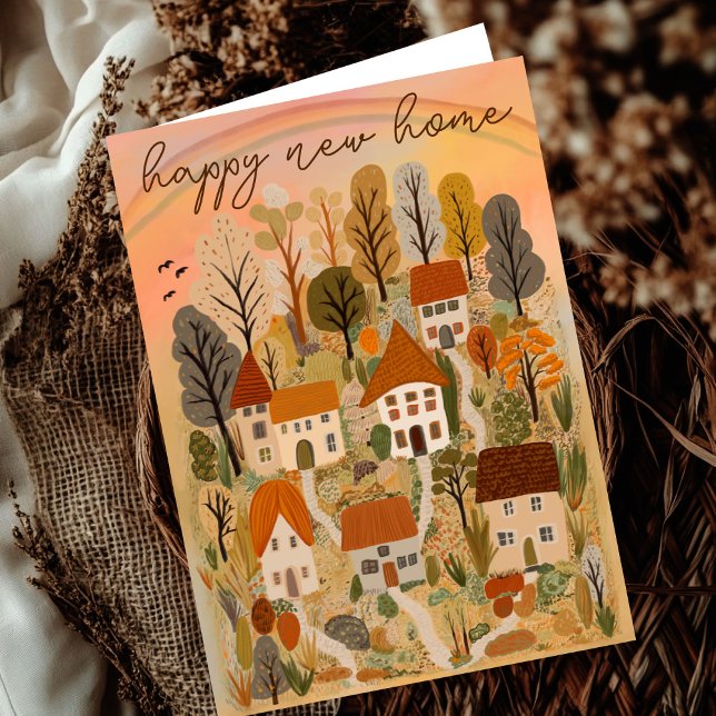 Carte NOUVELLE MAISON HEUREUSE Illustration de village d (HAPPY NEW HOME Congratulation on Moving to a New House Autumn Country Village Illustration Card
)