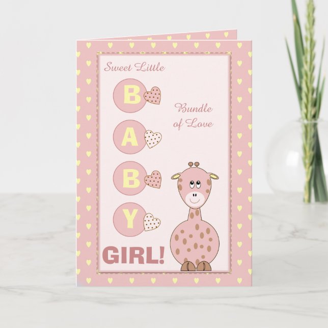 Carte Nouvelle petite fille mignonne girafe rose (Devant)