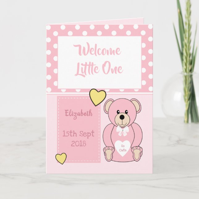 Carte Nouvelle petite fille Ours en peluche rose message (Devant)