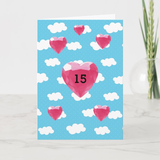 Carte Nuages et Gemmes de Coeur Rose 15e anniversaire (Devant)