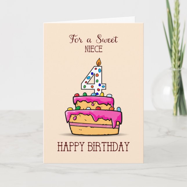Carte Nuit 4e anniversaire, 4 sur le gâteau rose doux (Devant)