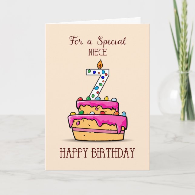 Carte Nuit 7e anniversaire, 7 sur le gâteau rose doux (Devant)
