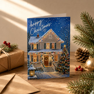 Carte Nuit de Noël Magique Maison enneigée Salutation 