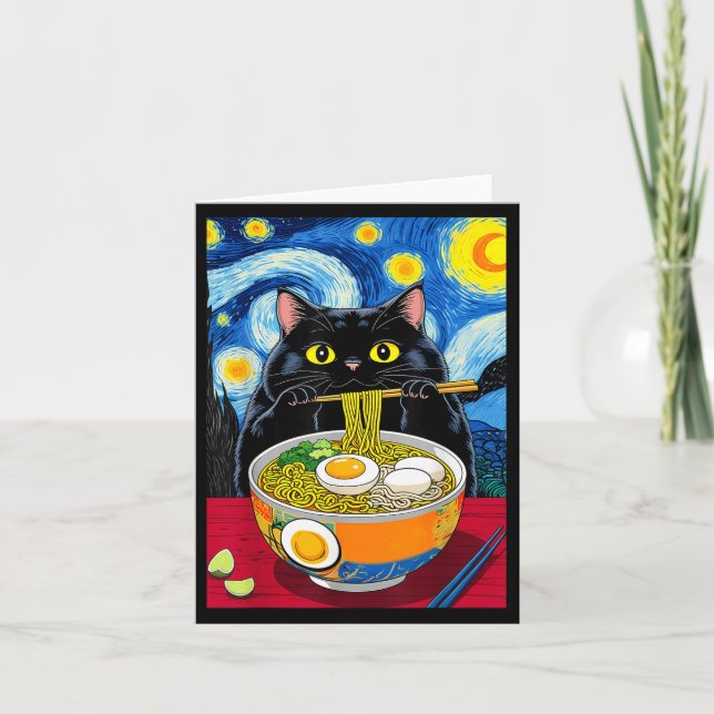 Carte Nuit étoilée Ramen de chat gras noir drôle C (Devant)