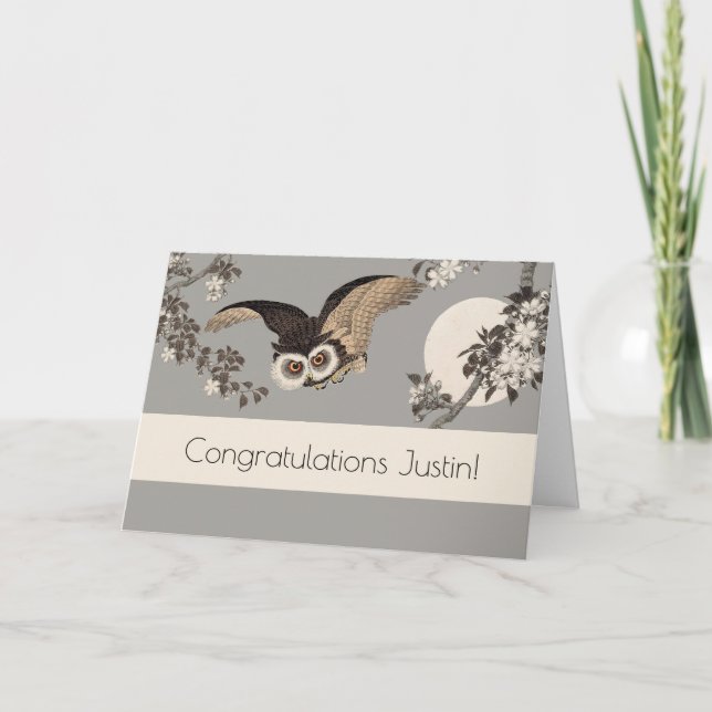 Carte Nuit Japonaise Chouette Lune Bois Coupe Flying Nig (Devant)