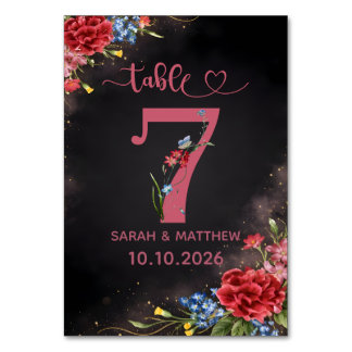 Carte numéro 7 de table de mariage floral rose