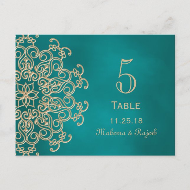 CARTE NUMÉRO DE TABLE DE MARIAGE INDIEN turquoise  (Devant)