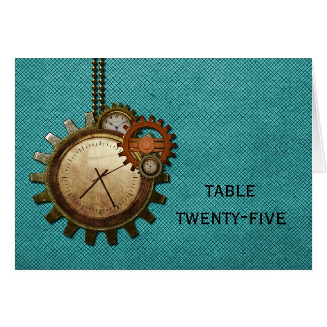 Carte Numéro de table d'horloge vintage, Turquoise (Devant horizontal)