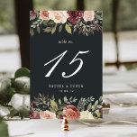 Carte Numéro de table du jardin de la lune<br><div class="desc">Les cartes de numéro de table rustiques et élégantes comportent des bordures de haut et de bas de fleurs d'aquarelle rose et de maman dans les tons d'automne de marsala, bordeaux, rose rousse et ivoire avec feuillage vert. Votre numéro de table, la date de l'événement et le texte personnalisé supplémentaire...</div>