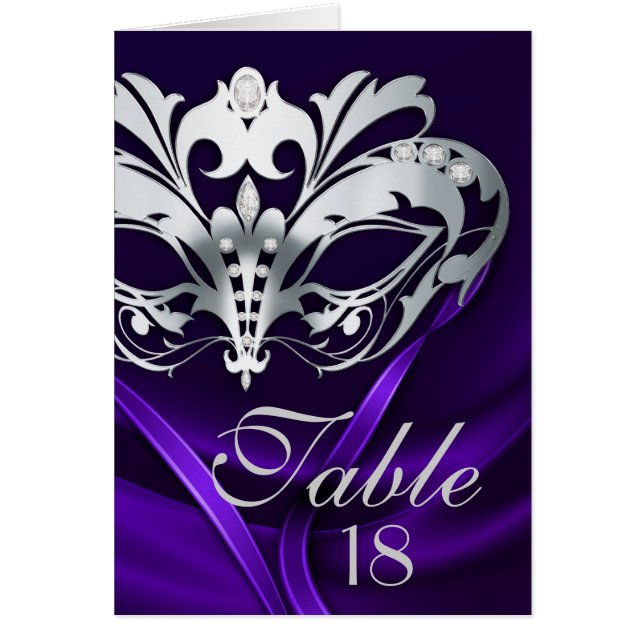 Carte numéro de table en argent masquade violet (Devant)